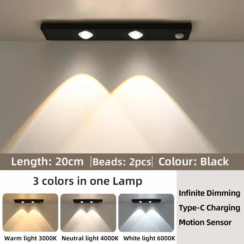 Luz LED para armarios, blanca/negra, recargable por USB, con sensor de movimiento, para la iluminación de armarios de cocina y roperos, 20 cm/30 cm/40 cm/50 cm