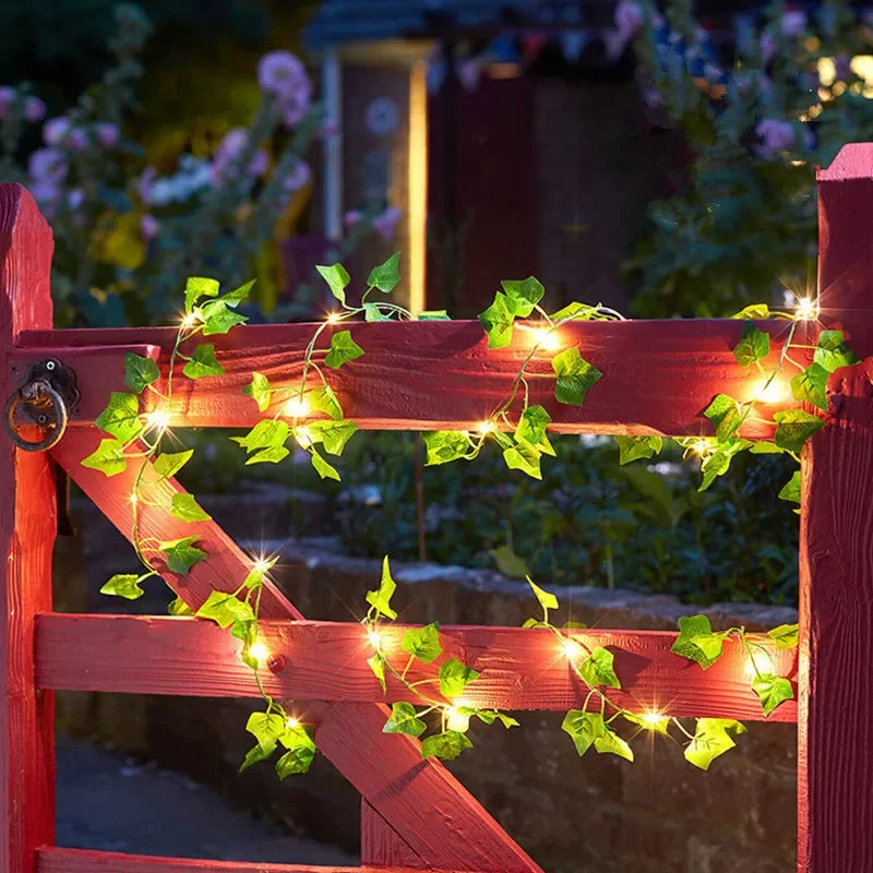 Guirnalda de luces con hojas verdes y flores, luces de hadas con enredadera artificial, alimentada por pilas, para árbol de Navidad y decoración del hogar