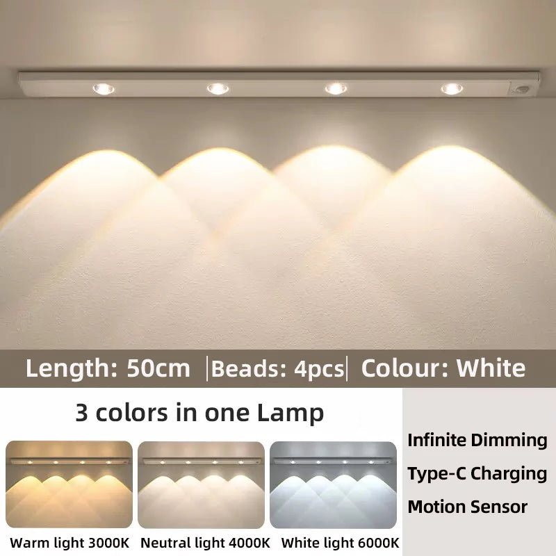 Luz LED para armarios, blanca/negra, recargable por USB, con sensor de movimiento, para la iluminación de armarios de cocina y roperos, 20 cm/30 cm/40 cm/50 cm