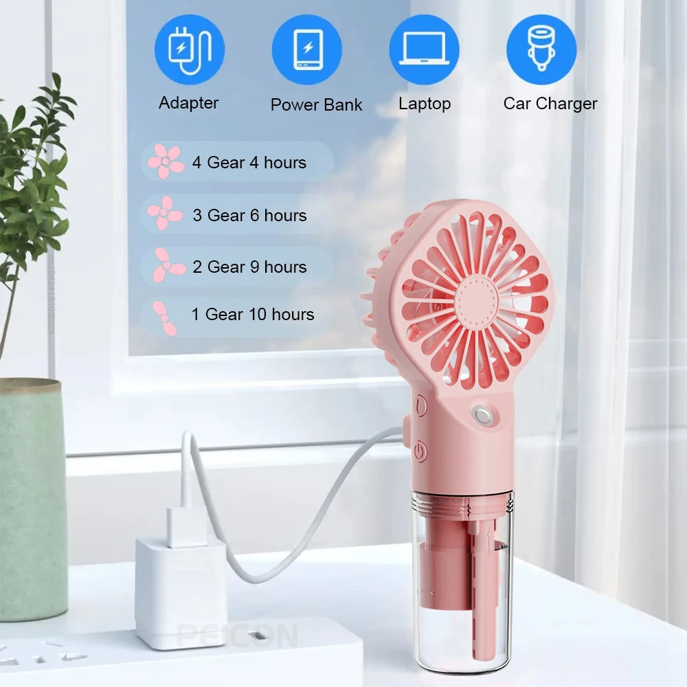 Raugee: Ventilador portátil de 4 velocidades, recargable por USB, ventilador con pulverizador de agua y niebla.