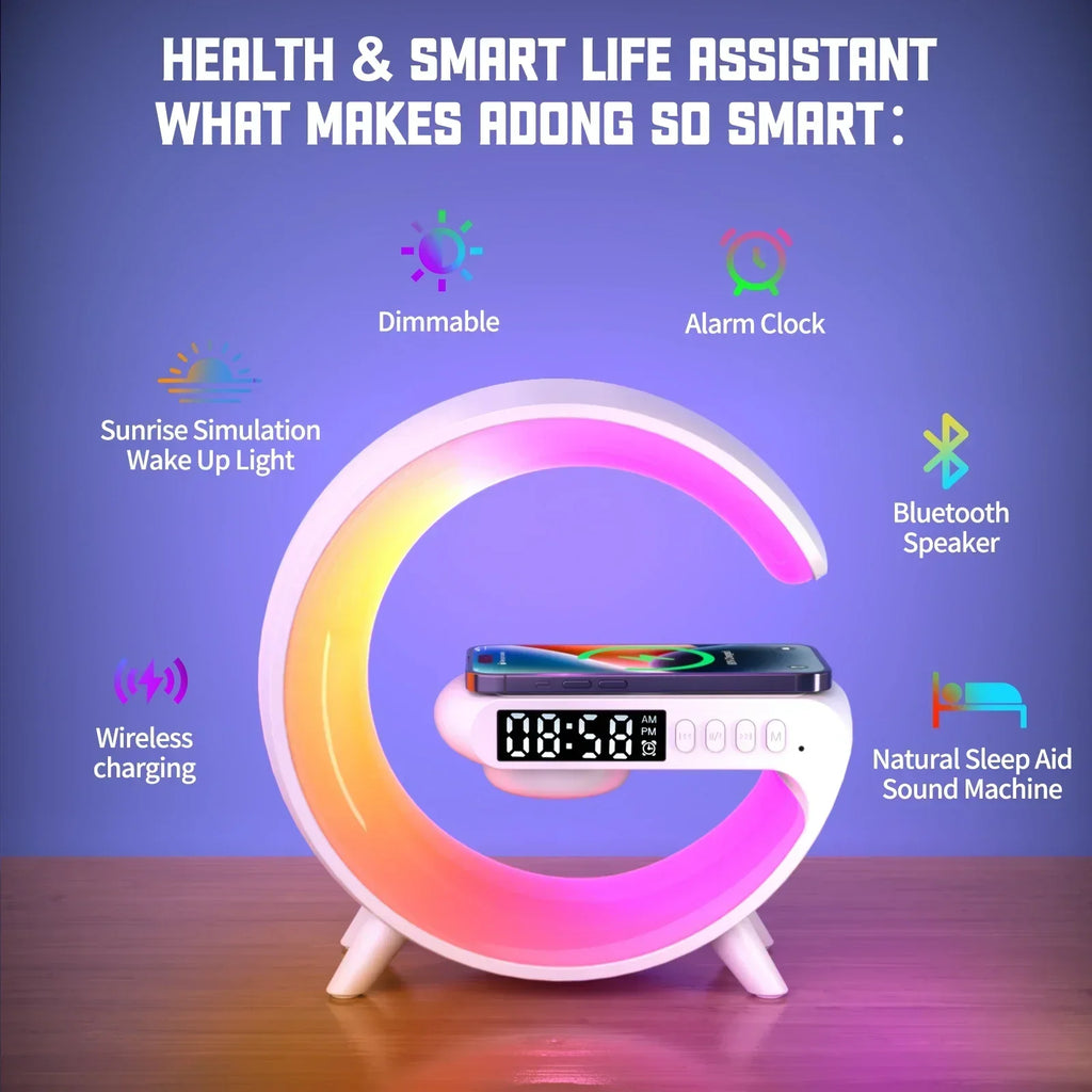 VIKEFON: Base de carga inalámbrica multifunción con luz RGB, despertador y altavoz para iPhone, Samsung y Xiaomi: estación de carga rápida compacta
