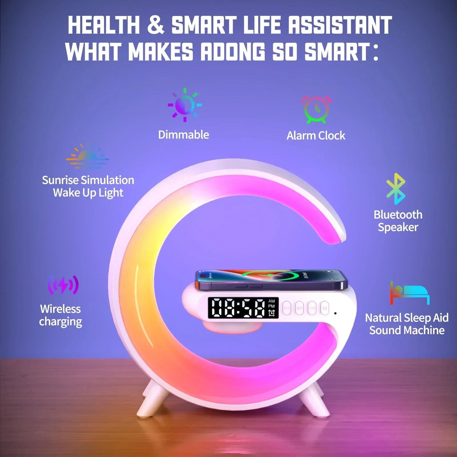 VIKEFON: Base de carga inalámbrica multifunción con luz RGB, despertador y altavoz para iPhone, Samsung y Xiaomi: estación de carga rápida compacta