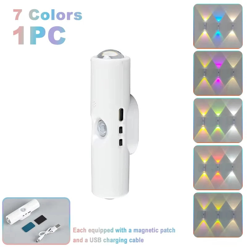 Aplique inteligente RGB de doble cabezal con sensor de movimiento, luz nocturna magnética y foco recargable para la decoración del dormitorio, el armario, el jardín y otras estancias