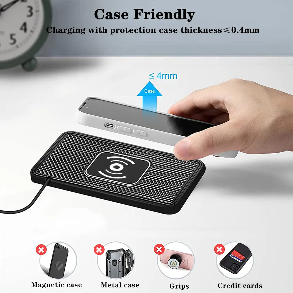 Cargador inalámbrico para coche para iPhone 16, 15, 15 Pro Max, 14, 13, 12 y X; Samsung S24 y S23. Cargador inalámbrico para coche con base de silicona y soporte. Cargador rápido