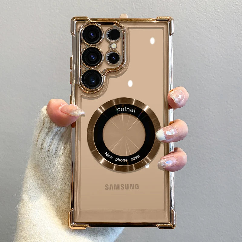Funda de carga inalámbrica magnética con acabado de lujo para Samsung S26, S25, S24 Ultra, S23 FE, S22 Plus y Note 20. Funda protectora transparente para la cámara.