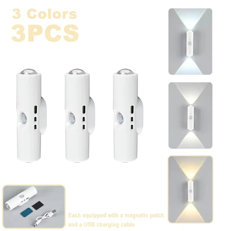 Aplique inteligente RGB de doble cabezal con sensor de movimiento, luz nocturna magnética y foco recargable para la decoración del dormitorio, el armario, el jardín y otras estancias