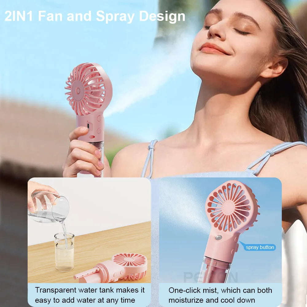 Raugee: Ventilador portátil de 4 velocidades, recargable por USB, ventilador con pulverizador de agua y niebla.
